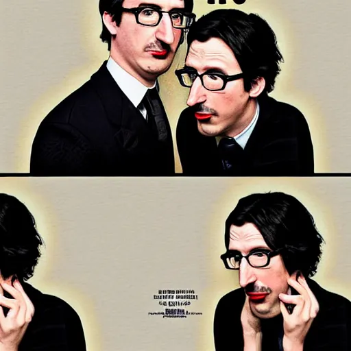 Prompt: photo booth, john oliver with adam driver, john oliver, adam driver, john oliver, stylized, centered, dark, smokey, fantasy, intricate, highly detailed, digital painting, deviant art, art by artgerm, art by greg rutkowski, art by alphonse mucha