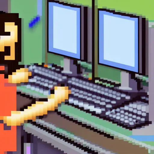 Image similar to pixel art of programmer in front of his computer station, pixel art, detailed, ideal symmetry, perfect pixel alignment, 8 k,