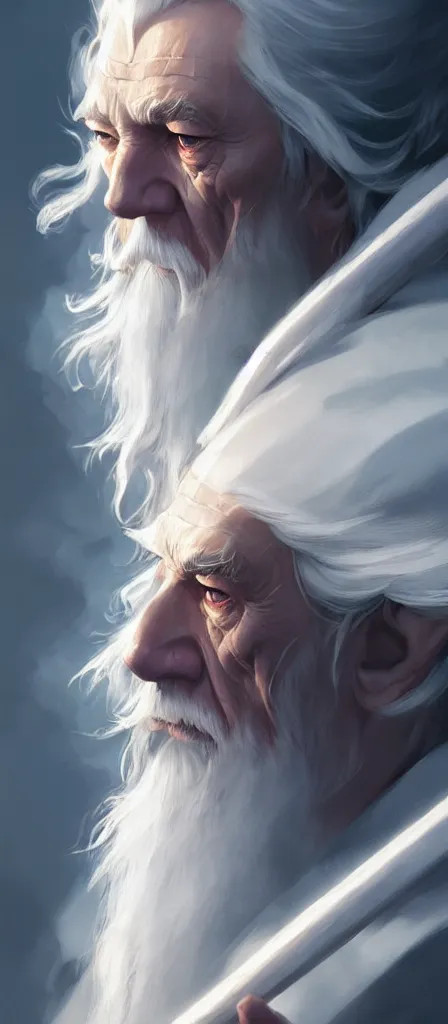 Image similar to portrait of gandalf the white, 4 k, concept art, by wlop, ilya kuvshinov, artgerm, krenz cushart, greg rutkowski, pixiv. cinematic dramatic atmosphere, sharp focus, volumetric lighting, cinematic lighting, studio quality