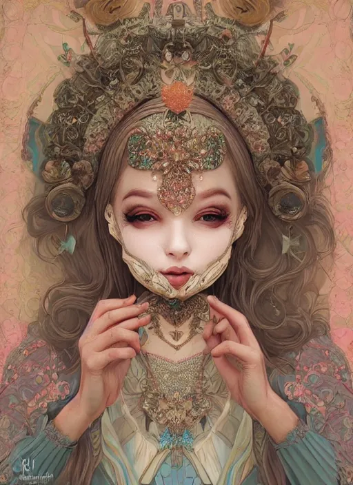 Prompt: “ an adorable woman wear beautifull intricate mask, lolitadress, pastel color, iridescent, highly detailed, tarot card featured on artstation, cgsociety, artgerm, clear symmetrical face, by moebius, kelly mckernan, skeeva and tom bagshaw, 8 k, intricate details, fantasy, character design, concept art ”