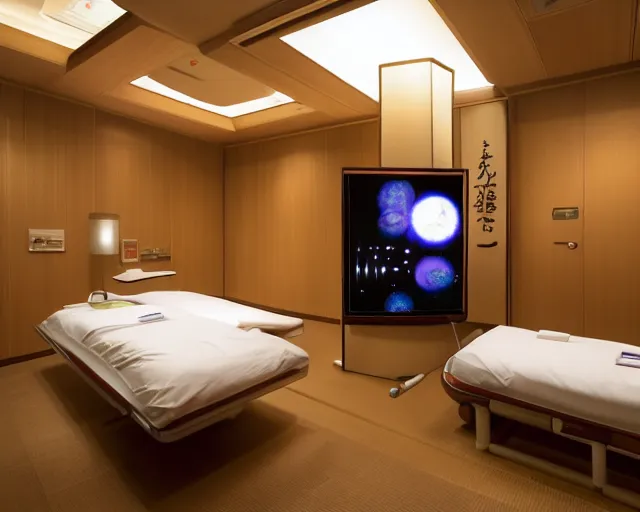 Prompt: The zen environment of the hospital room of the five star hotel located in the Kyoto spaceship, with calming bright lights and a welcoming Japanese rose pattern on the wall and a breathtaking wooden floor; a doctor and her patient look at a computer screen showing medical graphs