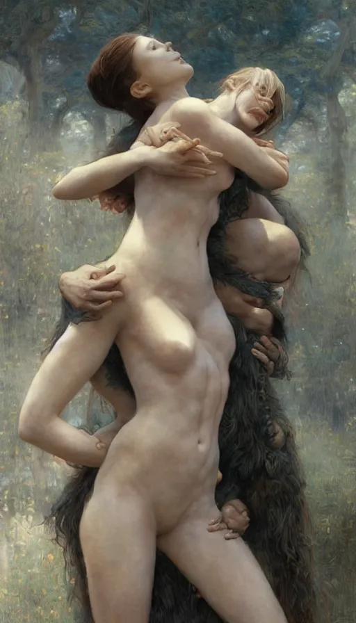 Prompt: epic masterpiece hug, sweaty skin, hyperrealistic, octane render, cinematic, beautiful face and flawless skin, perfect hands, 5 fingers, by Edgar Maxence and Ross Tran and Michael Whelan, Legends of Runeterra