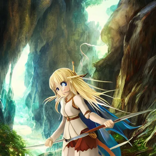 Prompt: renaissance anime brave elf girl, in hobbit home, with white skin and dagger, wide golden eyes, hair blowing the wind, bokeh, studio glibly makoto shinkai, wlop