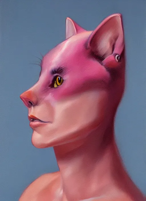 Image similar to a portrait of a pink cat hybrid woman wearing clothes, art by boris vallejo and greg danton and denys tsiperko, detailed, hyperrealism, artstation