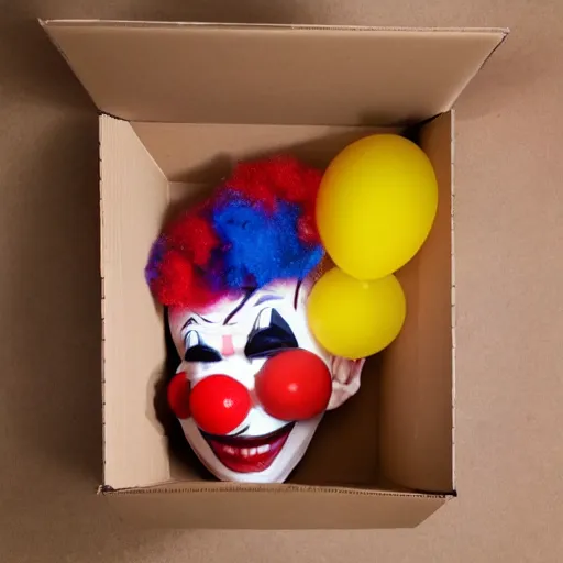 Prompt: a cardboard box opened up with a clown face popping out of it, realistic, the name wbnl on it