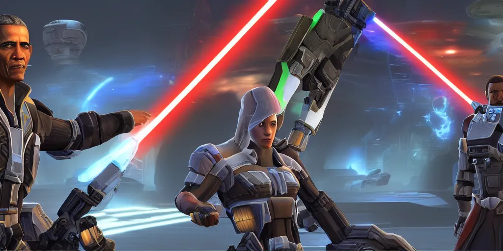 Prompt: screenshot of obama in swtor, facial features, clear eyes, heroengine, 4 k