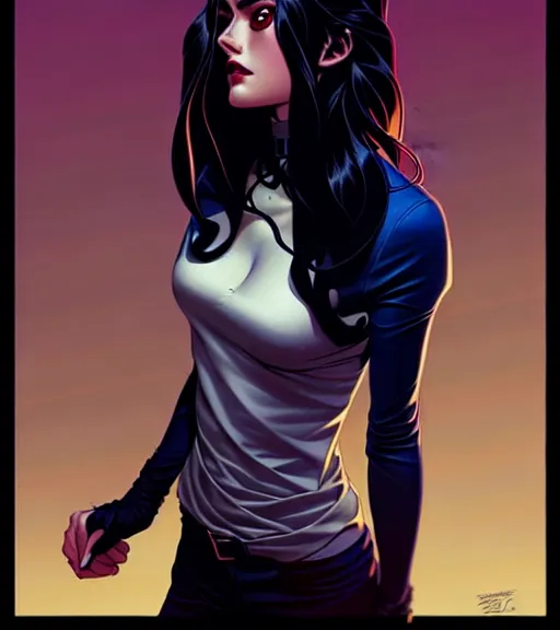 Image similar to artgerm, joshua middleton comic cover art, pretty friendly sweet kind phoebe tonkin eye of horus painted under one of her eyes, young, attractive, slim, she has very pale skin long black hair, she prefers to dress casually and she wears black clothing