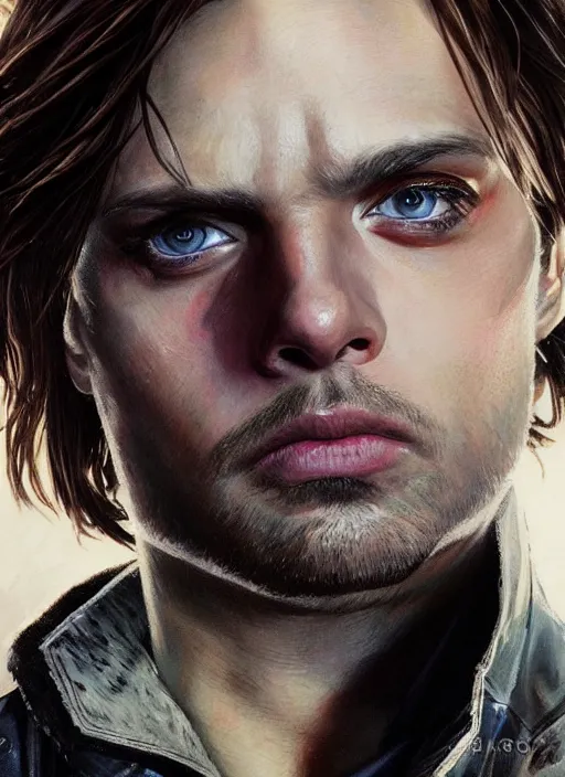 Prompt: sebastian stan as the winter soldier, close up of beautiful highly detailed face. painted by artgerm and greg rutkowski and alphonse mucha