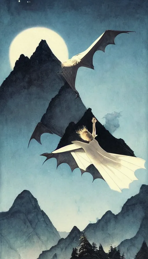 Prompt: a white bat, flying against a dark black night sky, mountain in the background, moonlight, denoised, very detailed, painted by, norman rockwell, tom bagshaw