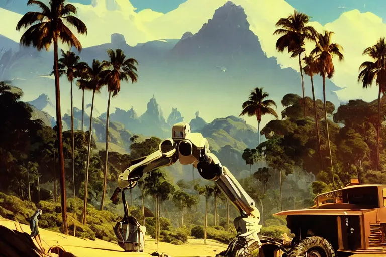 Image similar to natural american landscape | robot repairing another robot | palm trees | snowy mountains, painting by syd mead and weta studio and james jean, frank frazetta, highly detailed, rule of third, soft lighting, 8 k resolution, oil on canvas, architectural magazine, beautiful detailed, insanely intricate details, artstation trending, hypermaximalistic, high details, cinematic