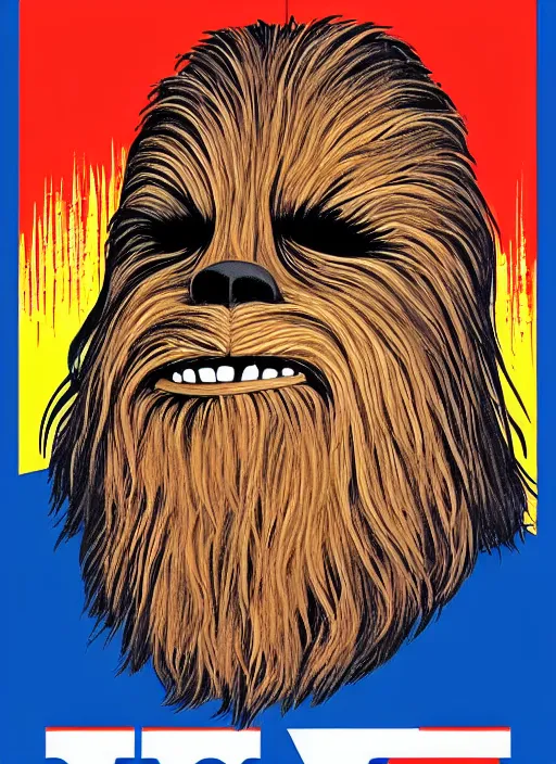 Image similar to chewbacca presidential election poster showing close up of chewbacca face red and blue duotone by sheperd fairey no text