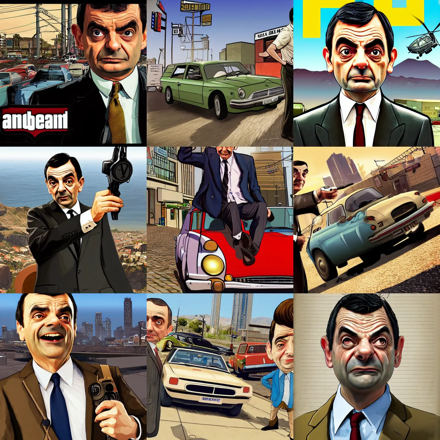 Prompt: mr bean in gta v promotional art by stephen bliss, no text, very detailed, professional quality