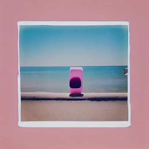 Prompt: a pastel colour high fidelity wide angle Polaroid art photo from a holiday album at a seaside with abstract inflatable rubber furniture, all objects made of transparent iridescent Perspex and metallic silver, iridescence, nostalgic