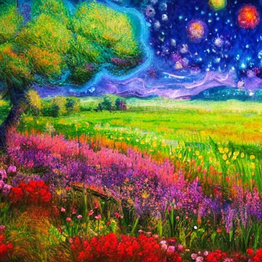 Image similar to an impressionist painting of a gorgeous meadow filled with colorful mushrooms with a stream flowing through it, psychedelic colors, starry sky in background, high detail, trending on artstation