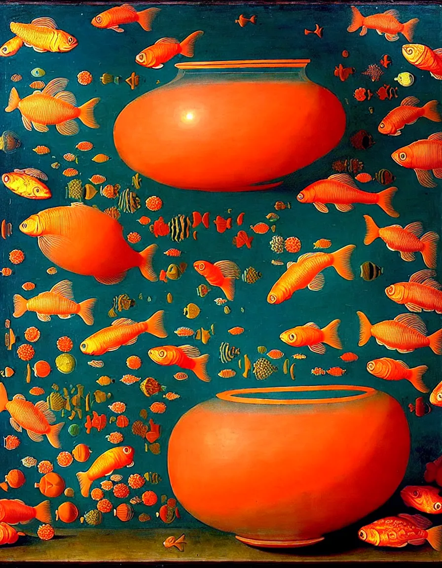 Image similar to transparent vase of coral in the sky and under the sea decorated with a dense field of stylized scrolls that have opaque orange outlines, with colorful shells and orange fishes, ambrosius benson, oil on canvas, hyperrealism, light color, no hard shadow, around the edges there are no objects