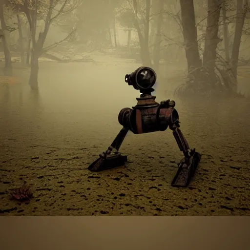 Image similar to realistic render of a small and rusty observation droid in a swamp, eerie atmosphere, fog, cinematic lighting