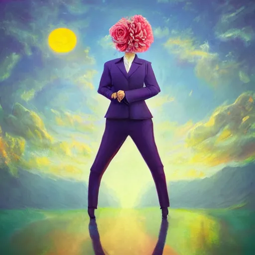 Image similar to portrait, giant rose flower head, girl in a suit, surreal photography, sunrise, blue sky, dramatic light, impressionist painting, digital painting, artstation, simon stalenhag