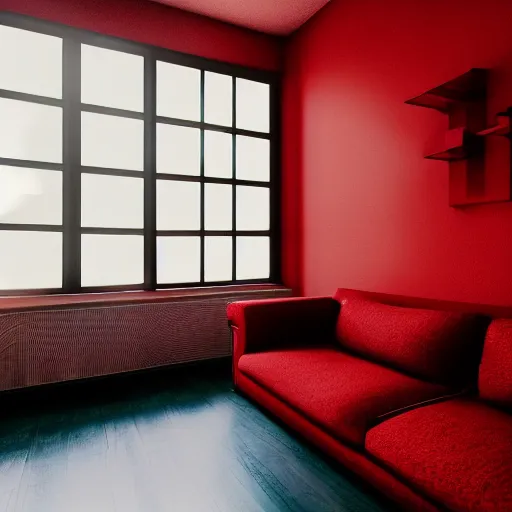 Prompt: an apartment as seen from inside, light streaming through the windows in an anime style, red couch, small window, dark wooden floors.