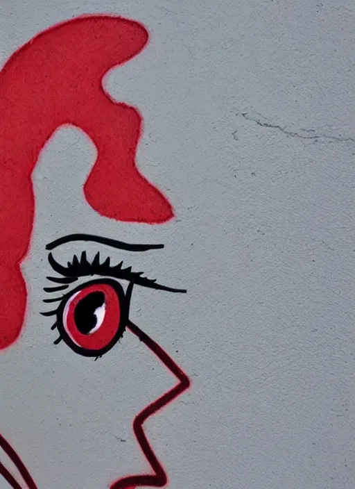 Prompt: a woman's graffiti on a white wall with a red felt - tip pen. women's eyes are made of insect's compound eyes.