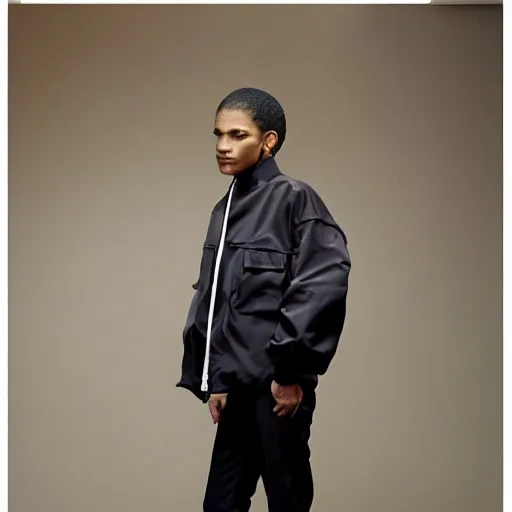 Image similar to realistic photoshooting for a new balenciaga lookbook color film photography portrait of a beautiful woman model wearing a workwear jacket, photo in style of tyler mitchell