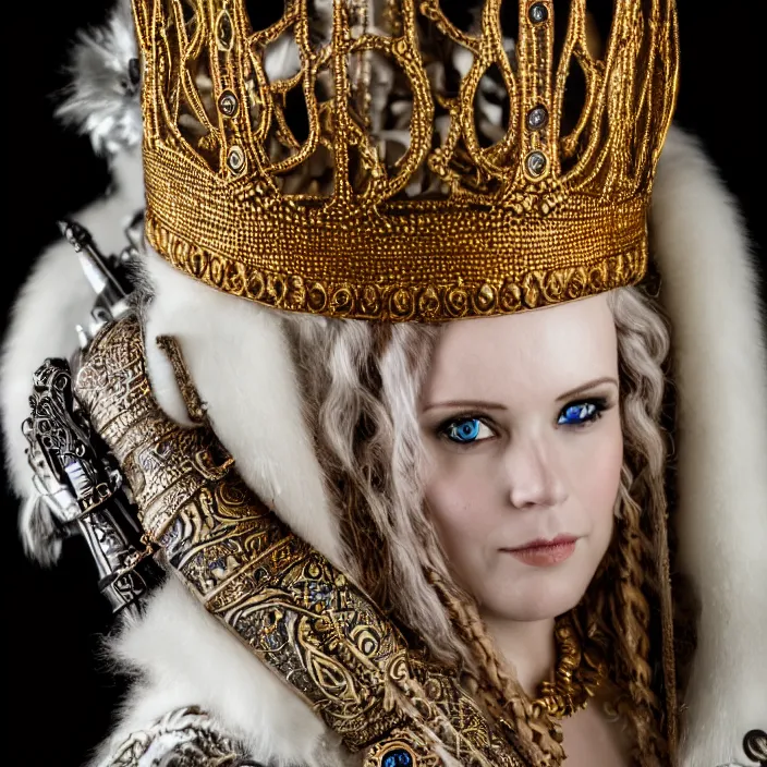 Prompt: photograph of a very beautiful nordic queen, with ornate cloack, extremely detailed. dslr. 3 5 mm.