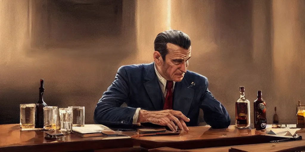 Prompt: beautiful oil matte portrait painting, mafia boss drinking whiskey at his 5 0 s new york office desk, wonderful masterpiece highly detailed, beautiful cinematic light deep focus, elegant, digital painting, smooth, sharp focus, golden ratio, dramatic illumination, ultra realistic, 8 k, art by jimmy law