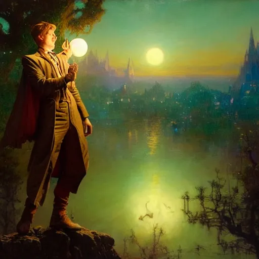 Prompt: attractive male wizard magically floating high in the night, fantasy, full moon in background. highly detailed painting by gaston bussiere, craig mullins, j. c. leyendecker, mid shot, 8 k