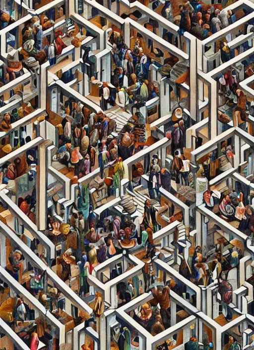 Image similar to painting of confused people lost in a complex bureaucratic maze by mc escher