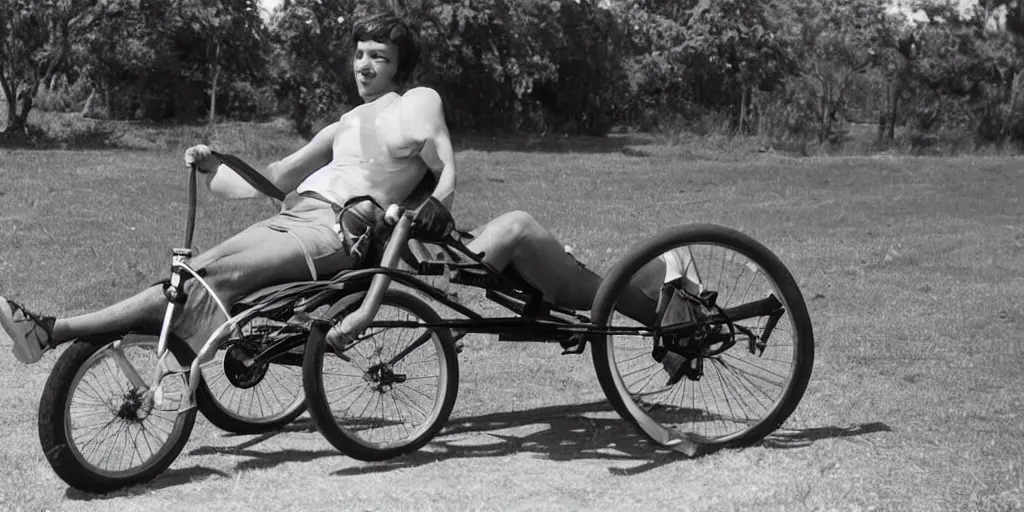 Prompt: a young man riding a recumbent bicycle under a clear blue sky, 7 0 s photograph, 4 k