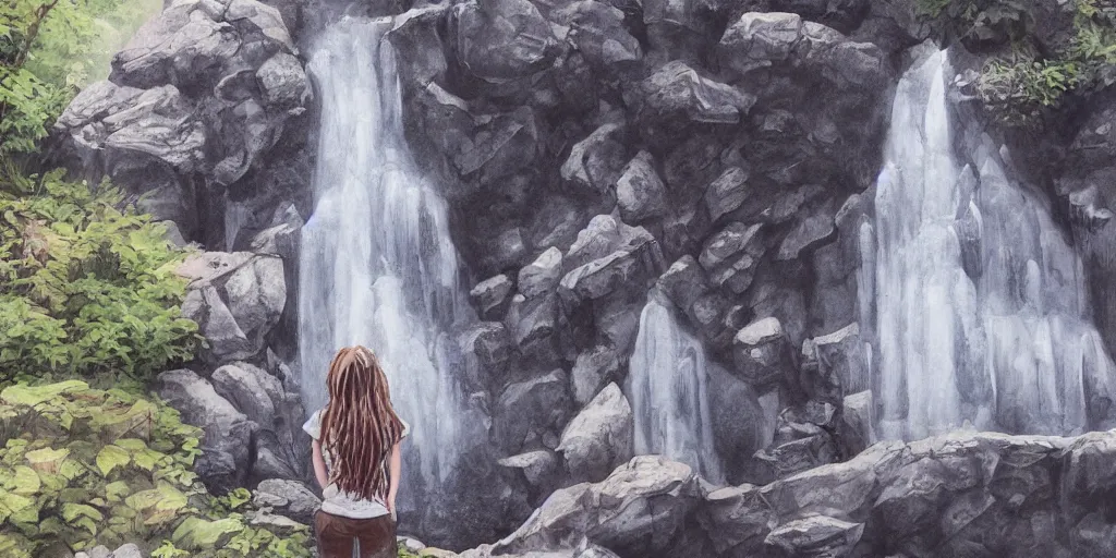 Prompt: girl looking at a waterfall, superwide angle, intricate, highly detailed, illustration, art by Leon Bosko