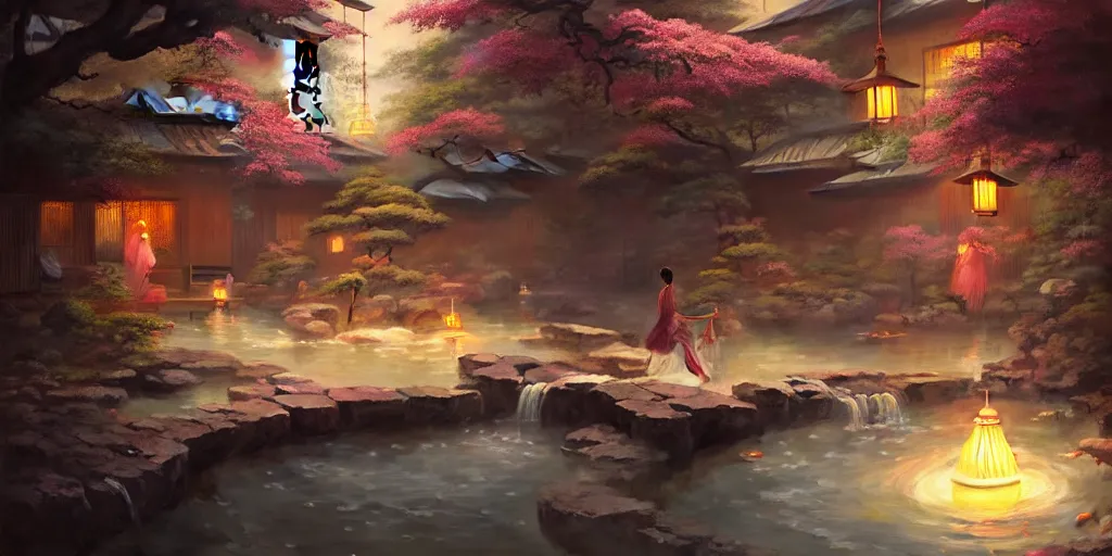 Image similar to painting of private magical onsen next to japanese inn with levitating lanterns and dragon spirits by greg rutkowski craig mullins ross tran cozy hot springs bonsai zen garden steamy flowers japanese motifs concept art clear focus fantasy d & d cinematic lighting unreal engine lumen trending on artstation