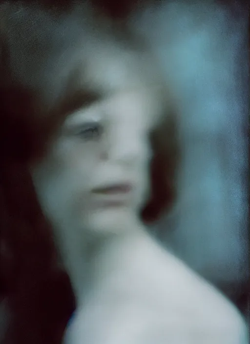 Image similar to out of focus photorealistic portrait of < zelda fitzgerald > as a beautiful young girl by sarah moon, very blurry, translucent white skin, slim, foggy, closeup