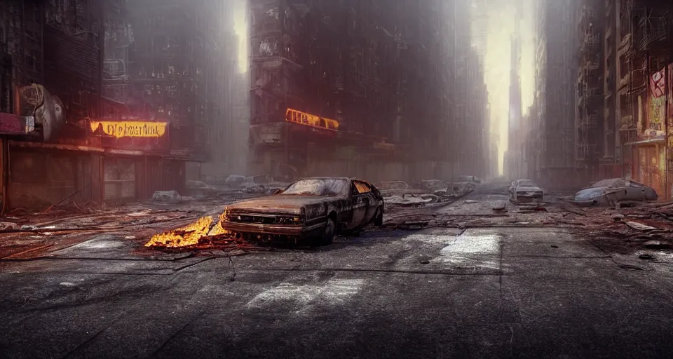 Image similar to A beautiful hyper realistic ultra detailed lifelike matte painting of a scruffy Timber Wolf standing in the middle of an abandoned post-apocalyptic New York City street at night with cars and buildings enflamed on fire, unreal engine, deviantart, flickr, artstation, octane render, textured, colorful, extreme realistic detail, physically based rendering, pbr render, very detailed, volumetric lighting, detailed lighting, octane render, 4k, cinematic lighting, 8k resolution