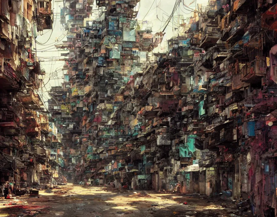 Prompt: street in kowloon slum, favela, dark alien city, perspective stretching upwards, temples, huge alien buildings, a dark, poisonous, alien biosphere, bridges, puddles on ground, scifi, science fiction spacecraft, jagged blocks of stone, multicoloured, john berkey, daniel dociu, jeremy mann, castle artstation trending