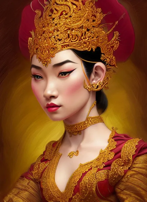 Image similar to javanese traditional dance, surealism, aesthetic, shiny, fantasy, intricate, elegant, extremely higly detailed, digital painting, artstation, anatomy perfect, baroque, concept art, photoshop, krita, smooth, sharp focus, full body focus, illustration, digital painting, art by artgerm and greg rutkowski and alphonse mucha