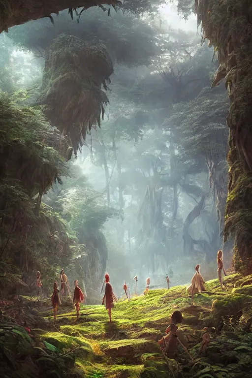 Image similar to a highly detailed matte painting of a group of young adventurers exploring elven ruins in a mystical forest, by studio ghibli, by artgerm, by wlop, by greg rutkowski, red tones, volumetric lighting, octane render, 4 k resolution, trending on artstation, masterpiece