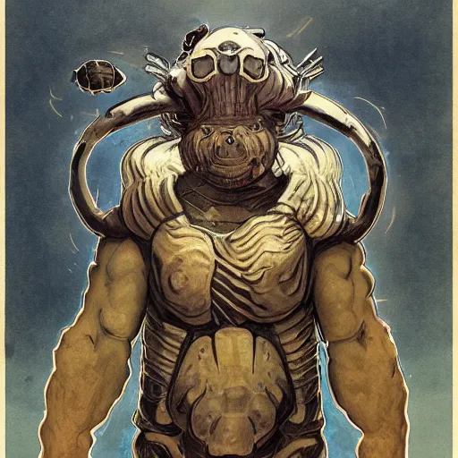 Image similar to portrait of hulking, brutish clone with vacant expression and giant isopod attached to back of neck, wearing brutalist black armor and camoflauge cloak, clearly visible face, science fiction concept art by Anato Finnstark, Alphonse Mucha, and Greg Rutkowski