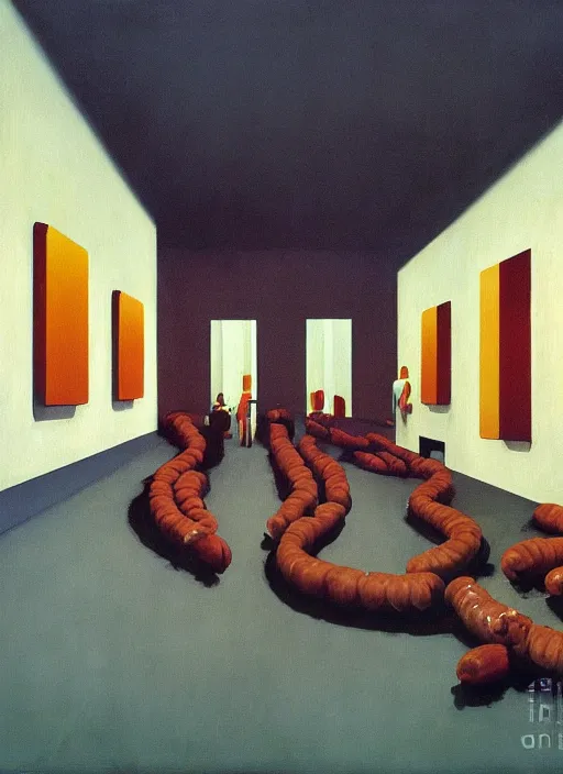 Image similar to sausage line at the art deco hospital painting by Edward Hopper and James Gilleard, Zdzislaw Beksinski highly detailed