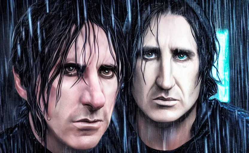 Image similar to an epic fantasy comic book style portrait painting of very beautiful imposing industrial goth trent reznor as snape with wet hair in the rain, neon reflections, character design by mark ryden and pixar and hayao miyazaki, unreal 5, daz, hyperrealistic, octane render, cosplay, rpg portrait, dynamic lighting, intricate detail, cinematic