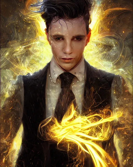 Image similar to a highly detailed portrait of serious male magician radiating a majestic fiery aura, back tuxedo, wispy tendrils of smoke, intricate, digital painting, old english, raining, sepia, particles floating, whimsical background by marc simonetti, artwork by ramond swanland and liam wong