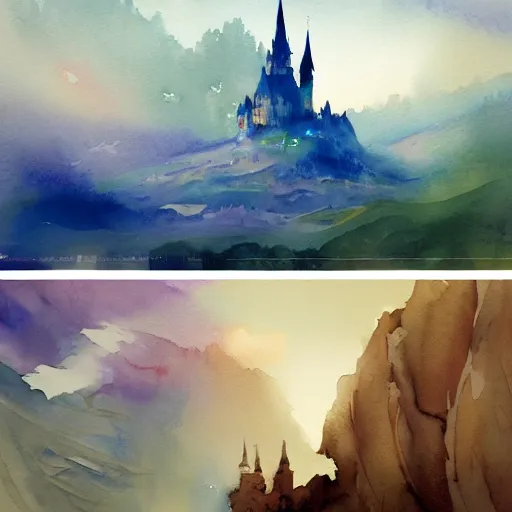 Prompt: small centered on watercolor paper, paint brush strokes, abstract watercolor painting of a magical castle floating in a serene dreamy sky, dust, cinematic light, american romanticism by hans dahl, by jesper ejsing, by anders zorn, by greg rutkowski, by greg manchess, by tyler edlin