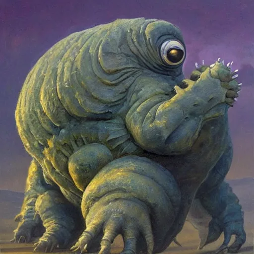 Prompt: realistic oil painting of a tardigrade kaiju, with 6 legs in a desert storm, by james gurney, by frank frazetta, by georgia o keeffe, slimy, gue, big globule eye, godzilla, vintage, concept art, oil painting, tonalism, fantasy, crispy, dune