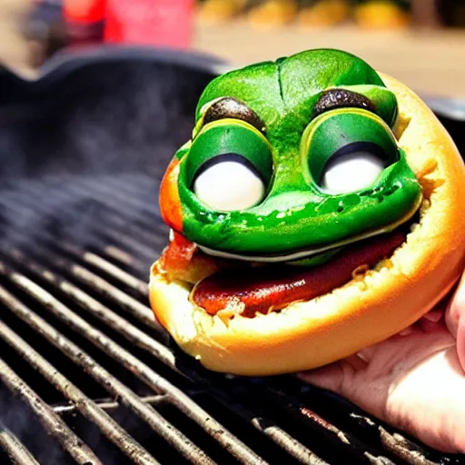 Prompt: pepe the frog in a hot dog bun piled on a grill