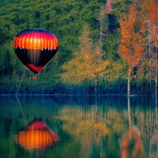 Image similar to photo of two black swans touching heads in a beautiful reflective mountain lake, a colorful hot air balloon is flying above the swans, hot air balloon, intricate, 8k highly professionally detailed, HDR, CGsociety