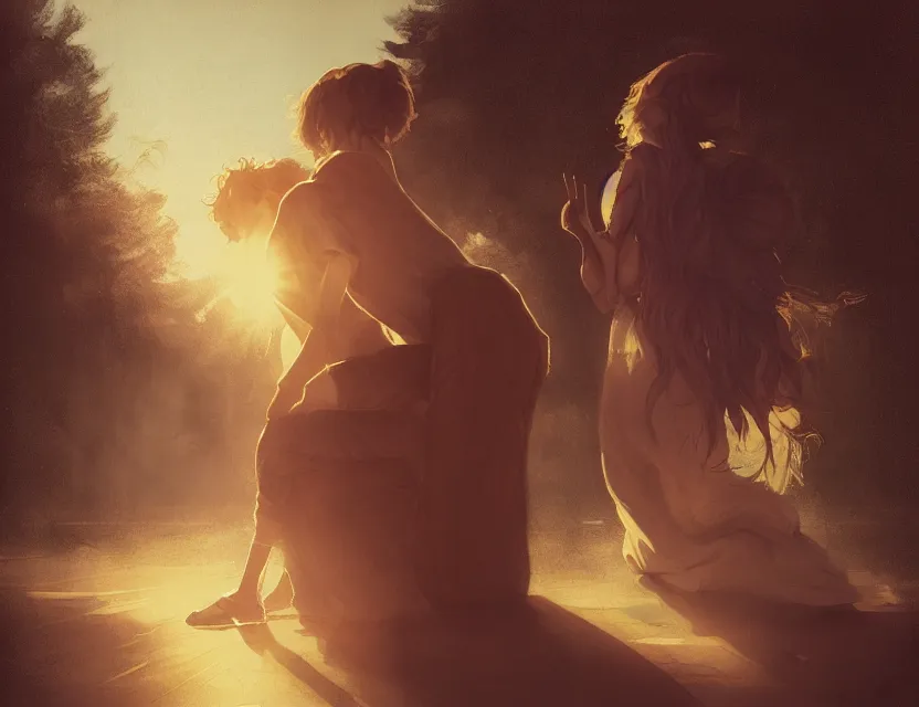 Prompt: couple on the gas station in the early morning, sun rays, sunrise, golden hour, bleach bypass, warm tones, beige colors, sunlight, digitaly 2 d, soft lights, polaroid, high - key lighting, charlie bowater, james jean, ivan bilibin, ross tran, tom bagshaw