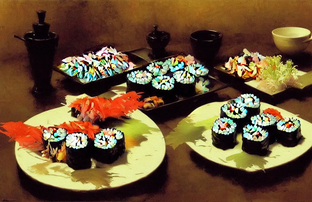 Image similar to a plate of sushi, detailed painting, flat lighting by ilya repin, phil hale and kent williams