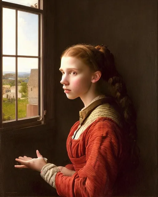 Image similar to a window - lit realistic portrait painting of a thoughtful girl resembling a young, shy, redheaded alicia vikander or millie bobby brown wearing peasant clothes by an open window, highly detailed, intricate, concept art, artstation, by donato giancola, vermeer, and william bouguereau