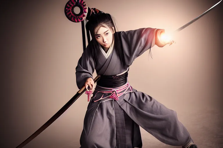 Prompt: highly detailed beautiful photo of a madison beer as a young female samurai. practising sword stances, art by koyoharu gotouge, symmetrical face, beautiful eyes, realistic, 8 k, award winning photo, pastels colours, action photography, 1 / 1 2 5 shutter speed, sunrise lighting,