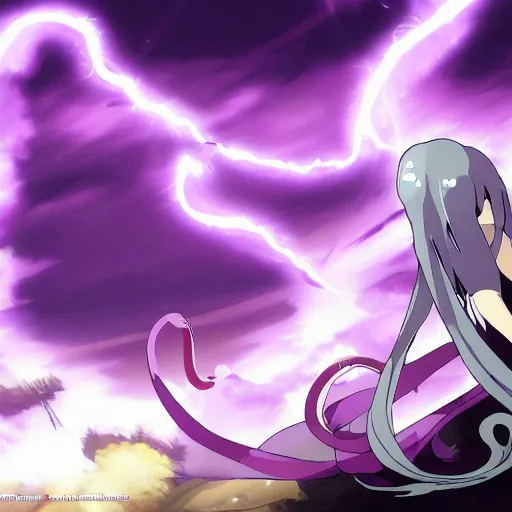 Image similar to snakes of purple lightning striking at the darkness, anime,