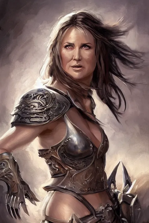 Image similar to a finely detailed portrait of Lucy Lawless, clothed in battle armor, olive skin, long dark hair, beautiful bone structure, symmetrical facial features, intricate, elegant, digital painting, trending on Artstation, concept art, smooth, sharp focus, illustration, from World of Warcraft, by Ruan Jia and Mandy Jurgens and Artgerm and william-adolphe bouguerea, award winning